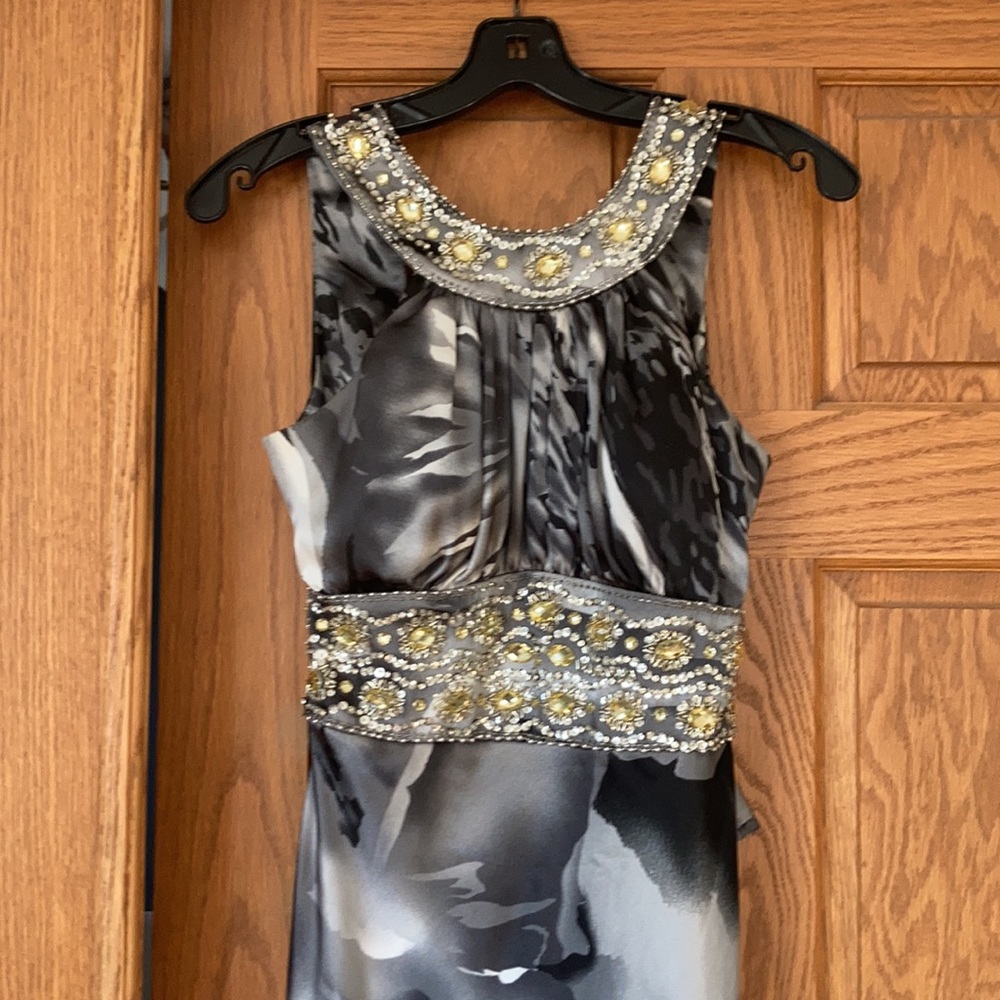 Prom Dress Grey Silky Size S Small 5/6 open back beaded jeweled